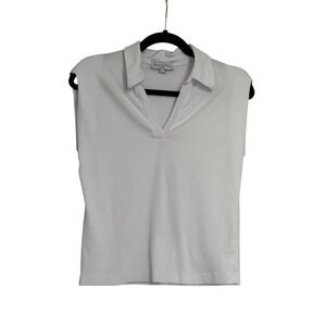 Michael Stars White Ribbed Sleeveless Polo Top V Neck Preppy Coastal Size Small